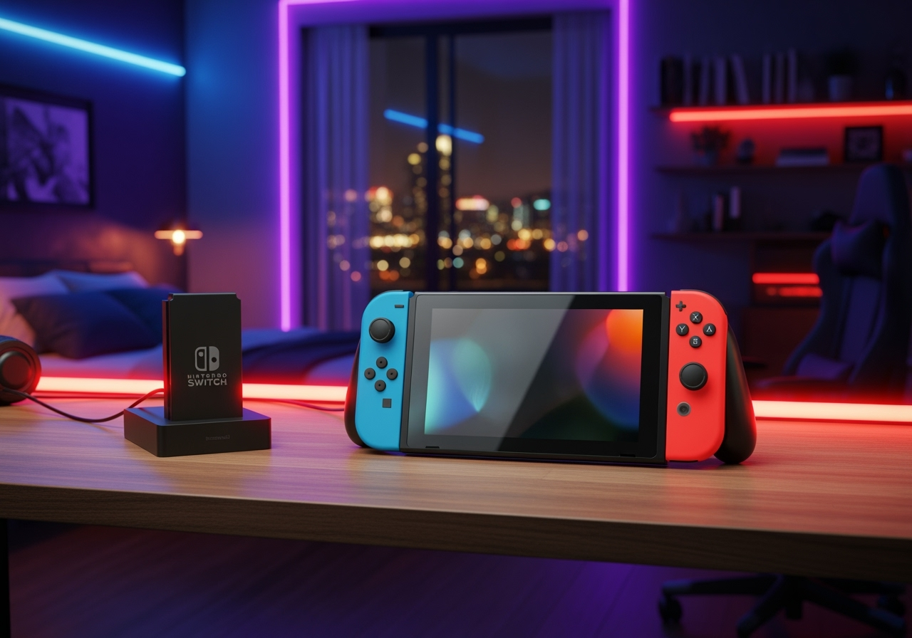 A Cyberpunk inspired image of a Nintendo Switch