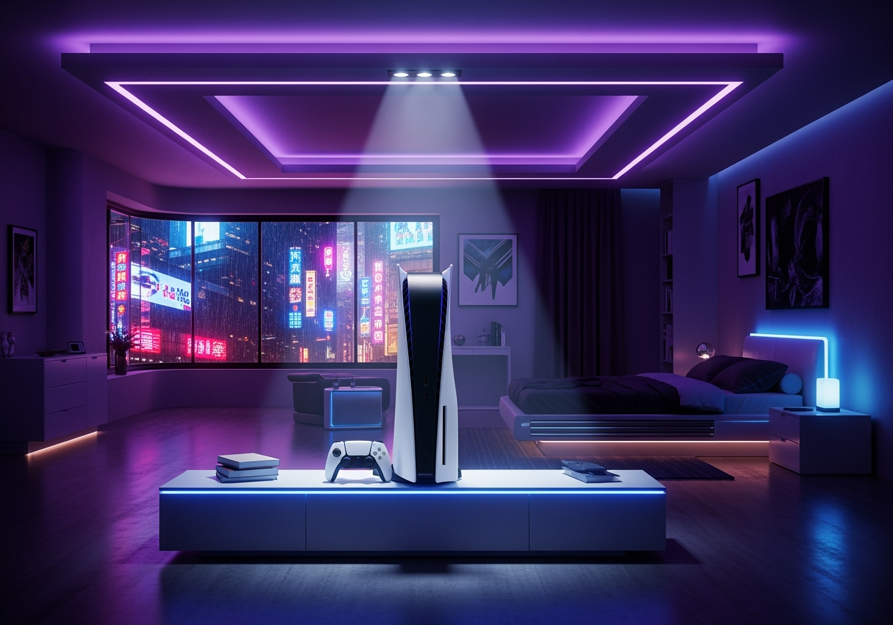 A Cyberpunk inspired image of a PlayStation 5