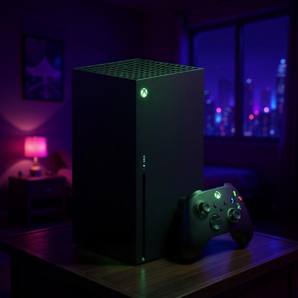 A Cyberpunk inspired image of an Abox Series X