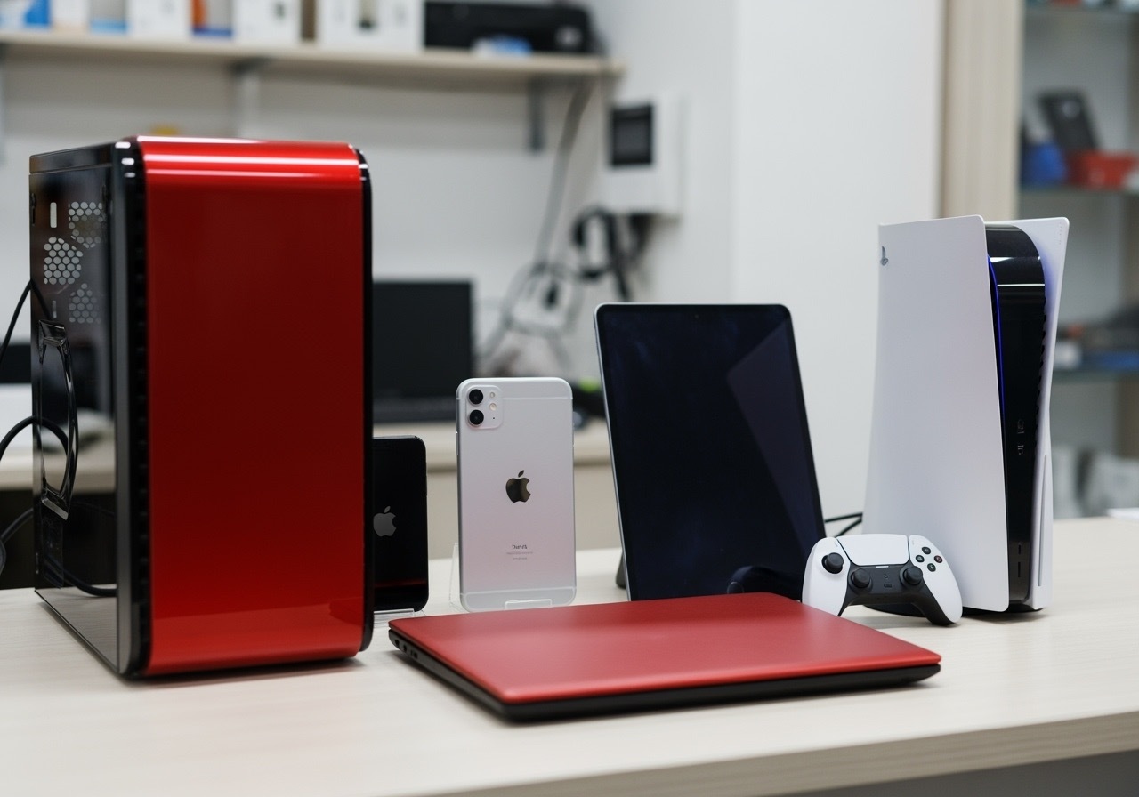 An iPhone, iPad, PS5, Red PC Tower and a Red Laptop on the shop counter